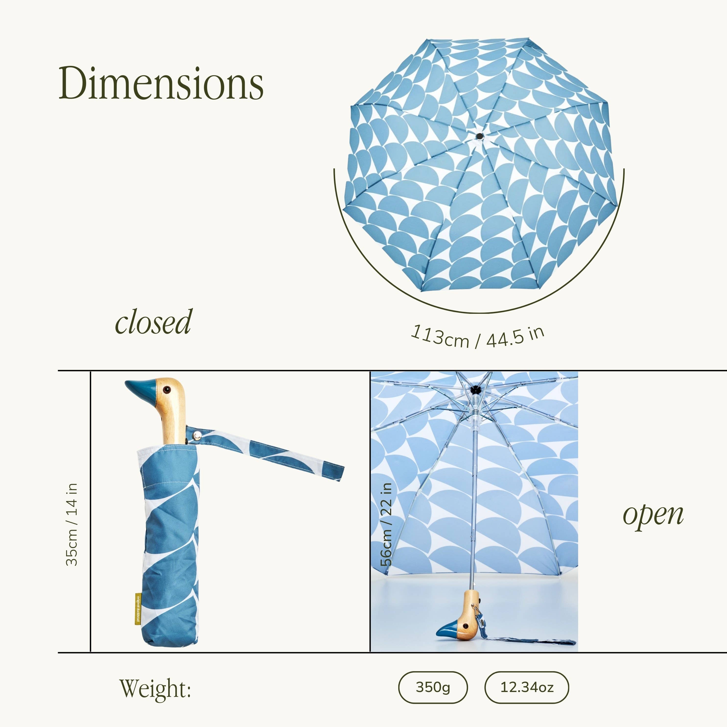 En infografikk som viser paraplyens dimensjoner når den er åpen og lukket, sammen med vekten på 350 gram og en lukket lengde på 35 cm.