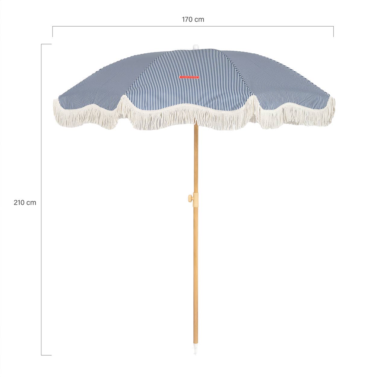 Produktdimensjoner for den blå-stripete strandparasollen CAPRI, med en bredde på 170 cm og en høyde på 210 cm, perfekt for å gi god skygge på stranden.