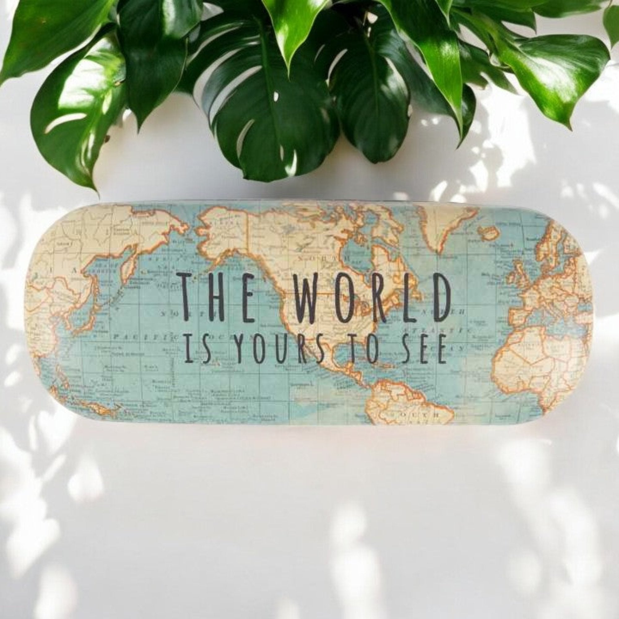 Et brilleetui fra Sass & Belle med verdenskartmotiv og teksten 'The world is yours to see' i sort trykk, plassert på en hvit overflate med grønne blader i bakgrunnen.