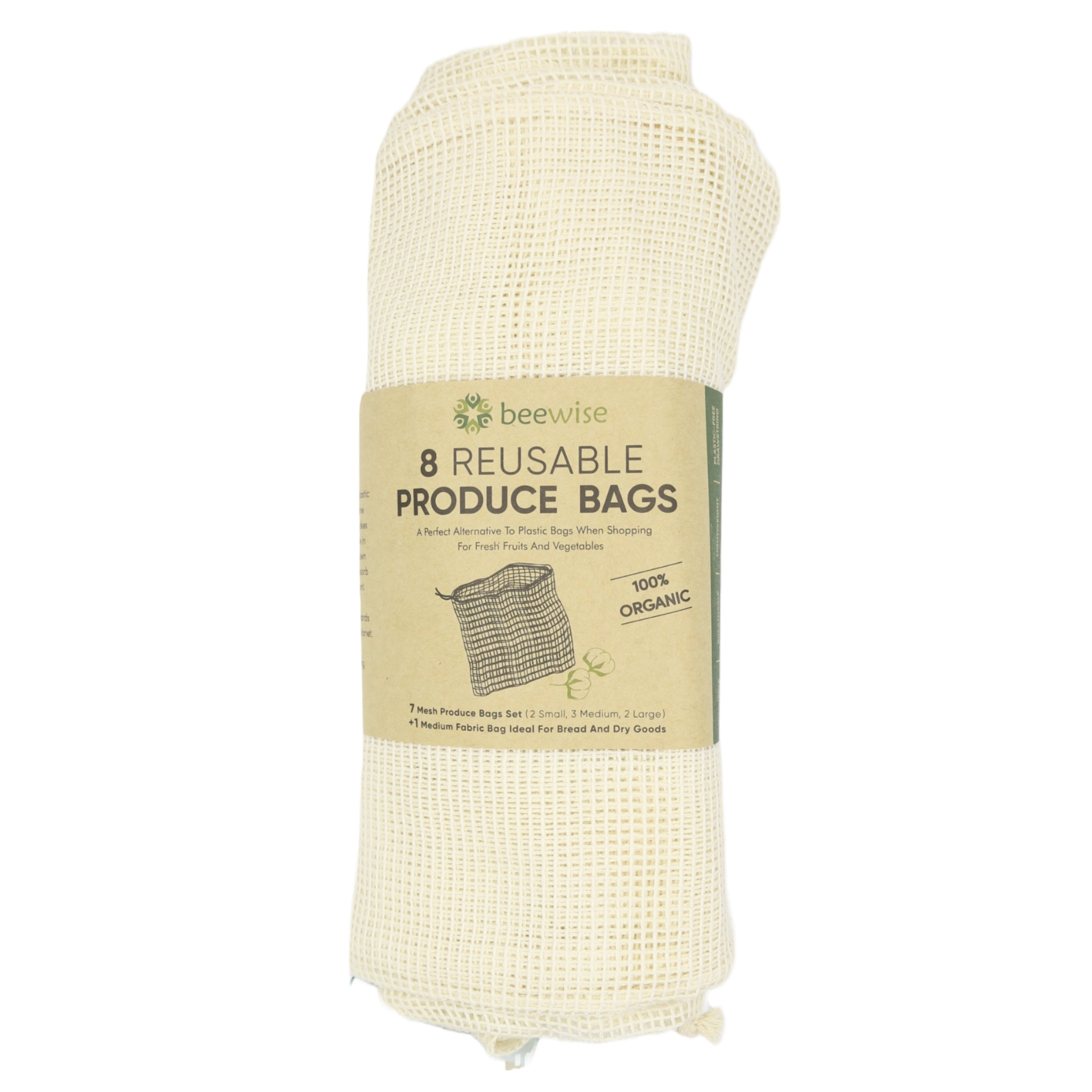 En rullet pakke med "BeeWise 8 Reusable Produce Bags" laget av 100% økologisk bomull, klare til bruk.